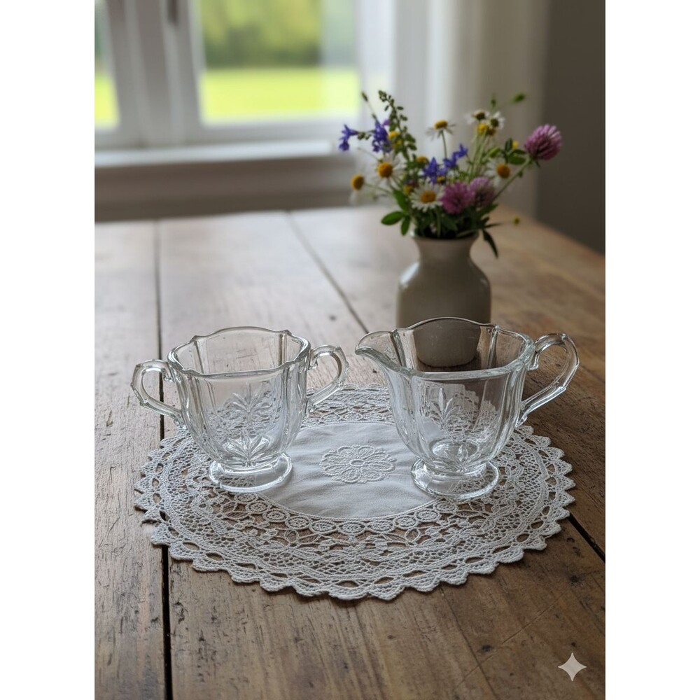 Fostoria Baroque Sugar & Creamer -VTG- Clear Crystal Glass FleurDeLis Handles
